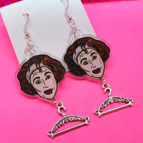 Mommy Dearest No Wire Hangers Acrylic Joan Crawford Drop Dangle Earrings - Picture 2 of 10